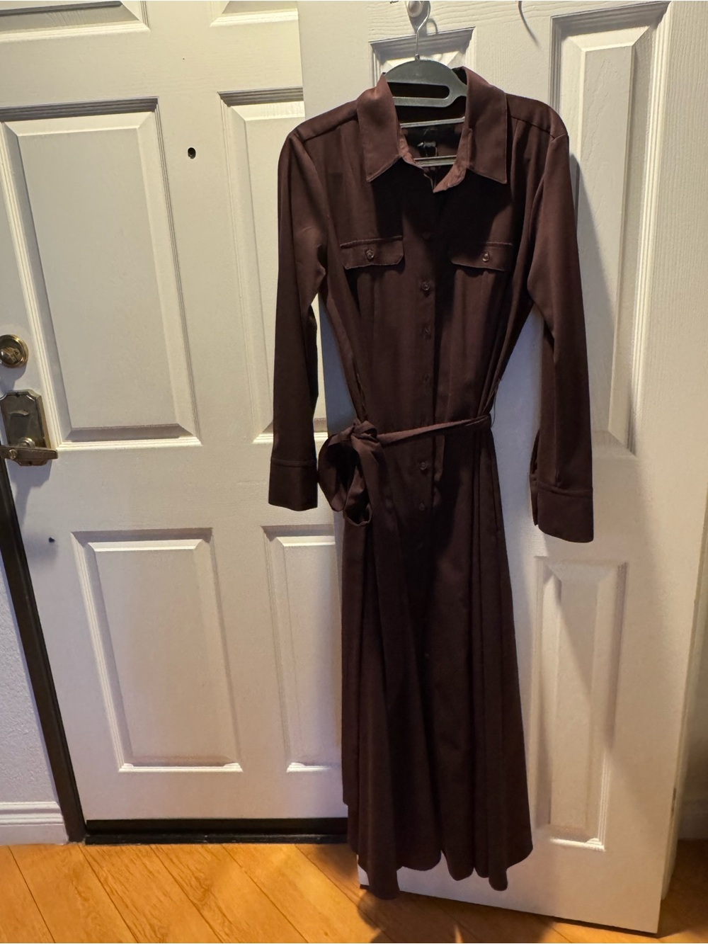 Zara Dark Brown Long Sleeve Maxi Shirt Dress with Waist Tie